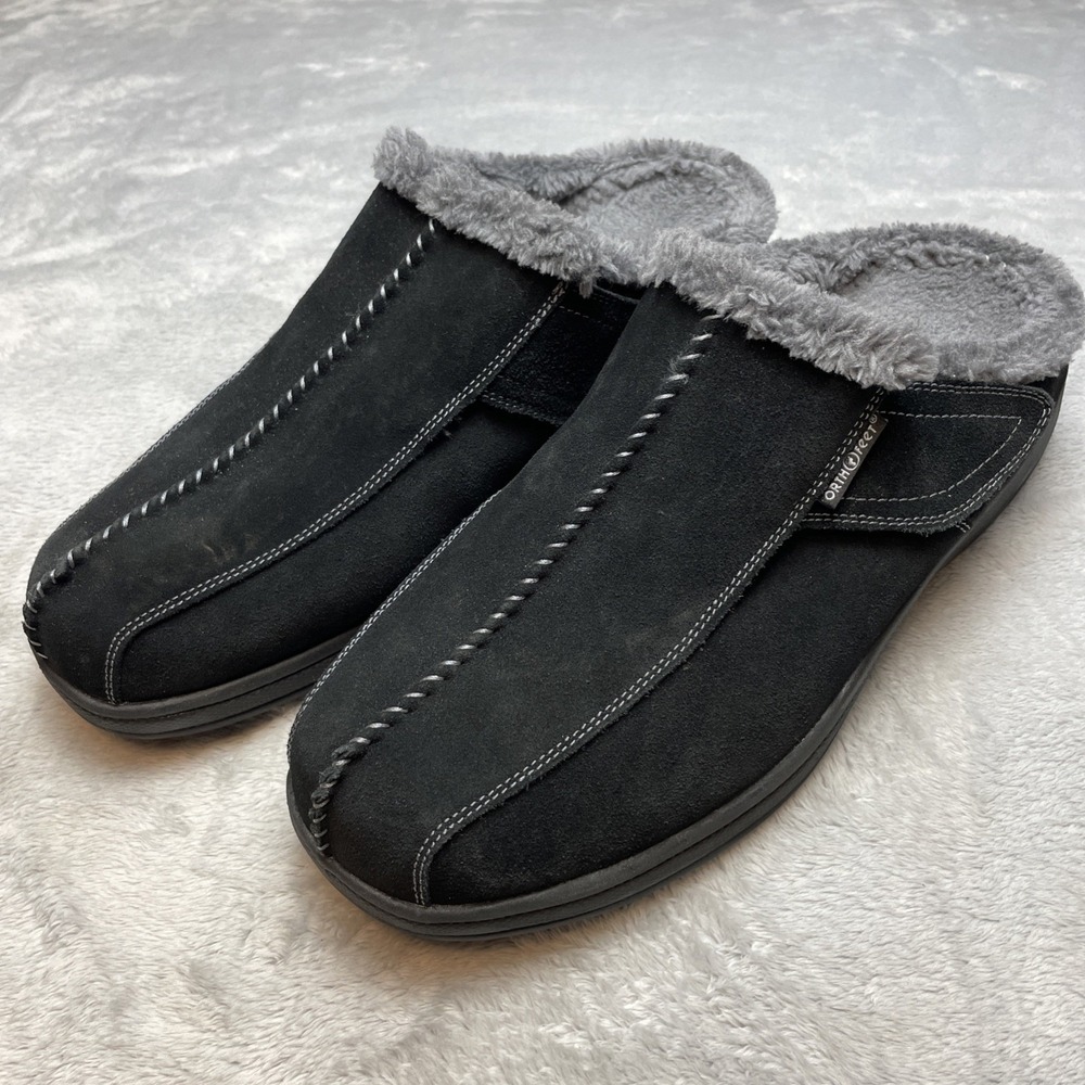 Orthofeet Mens Asheville Clog Slippers Size 11.5 Wide 2E Faux Black Suede Sherpa